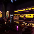 Modern Bar Interior Design With Neon Lights Purple Lighting Bar Counter And Tables Chairs