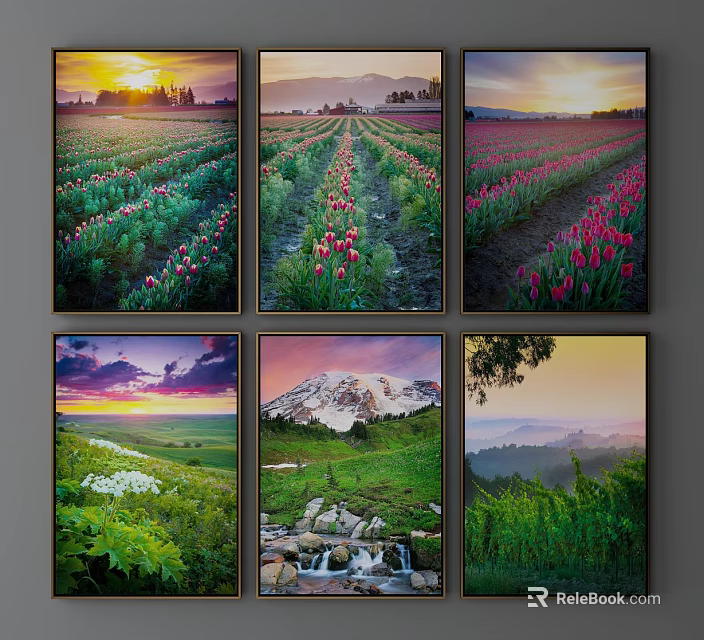 Scenic Landscape Paintings With Flower Fields Sunrise Mountains Waterfall And Green Fields 3d model 