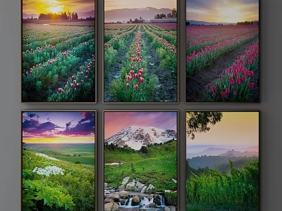 Scenic Landscape Paintings With Flower Fields Sunrise Mountains Waterfall And Green Fields 3d model