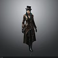 Steampunk Style Character Outfit With Brown Long Coat Top Hat Green Scarf And Leather Gloves