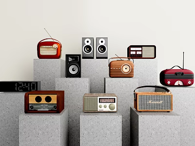 Vintage Radios And Audio Devices Displayed On Gray Stands With Light Colored Walls 3d model