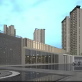 Modern Sales Office Building With Glass Curtain Wall Water Feature And Tall Buildings Background