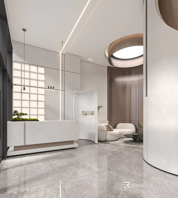 Modern Luxury Lobby Interior With Reception Desk Sofa Green Plants And Round Ceiling Light 3d model 