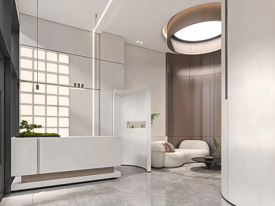 Modern Luxury Lobby Interior With Reception Desk Sofa Green Plants And Round Ceiling Light 3d model