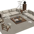 Modern Beige Sofa And Wooden Coffee Table Set With Side Tables Accent Chairs And Throw Blanket