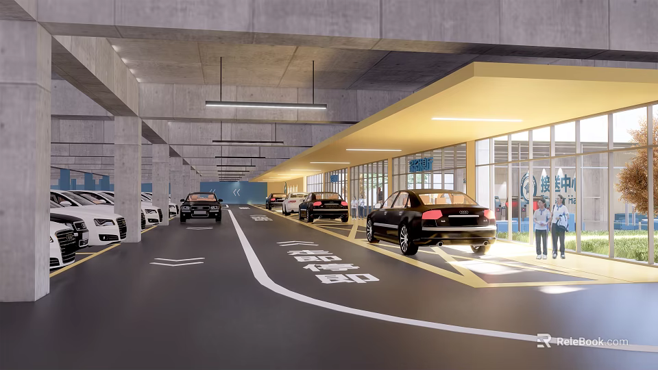 Spacious Indoor Parking Garage With Concrete Structure Parked Cars Bright Lighting Glass Windows And People 3d model 