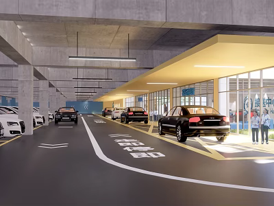 Spacious Indoor Parking Garage With Concrete Structure Parked Cars Bright Lighting Glass Windows And People 3d model