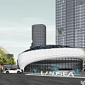 Modern Office Building Complex With Surrounding Green Park And Water Features