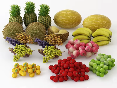 Assorted Fresh Fruits Featuring Pineapples Durian Cantaloupes Bananas Longans Grapes And Berries 3d model