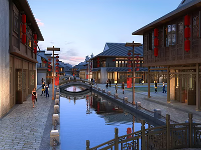 Traditional Commercial Street With Ancient Architecture River And Red Lanterns In Evening 3d model