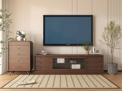 Modern TV Stand with Flat Screen TV Wooden Dresser Green Plants and Patterned Rug 3d model