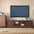 Modern TV Stand with Flat Screen TV Wooden Dresser Green Plants and Patterned Rug