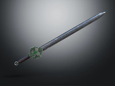 Ancient Style Decorative Sword With Carved Metal Blade And Green Gemstone Hilt 3d model