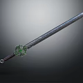 Ancient Style Decorative Sword With Carved Metal Blade And Green Gemstone Hilt