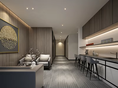 Modern Staff Tea Room Interior Design With Wooden Walls Bar Counter And Seating Area 3d model