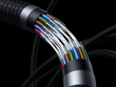 Mobile Digital Cable With Braided Black Sheath And Exposed Multi Colored Cores 3d model