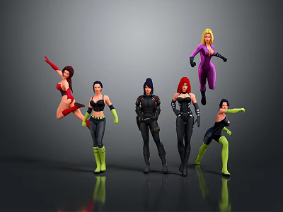 Dynamic Female Action Characters In Jumping Standing Poses With Colorful Costumes 3d model