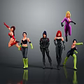 Dynamic Female Action Characters In Jumping Standing Poses With Colorful Costumes