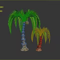 Two Palm Trees of Different Sizes with Green Leaves and Textured Trunks on Dark Ground