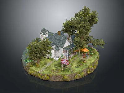 Miniature Landscape Model With White Cottage Green Trees Grass Path And Round Base 3d model