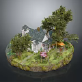 Miniature Landscape Model With White Cottage Green Trees Grass Path And Round Base 3d model