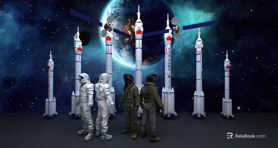 Astronauts Standing With Multiple Rockets And Earth In Starry Space Background 3d model 
