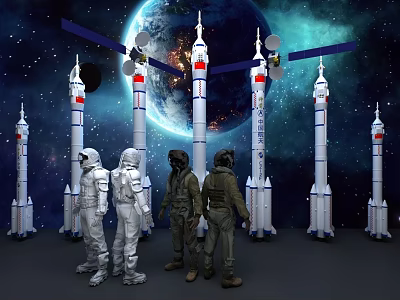 Astronauts Standing With Multiple Rockets And Earth In Starry Space Background 3d model