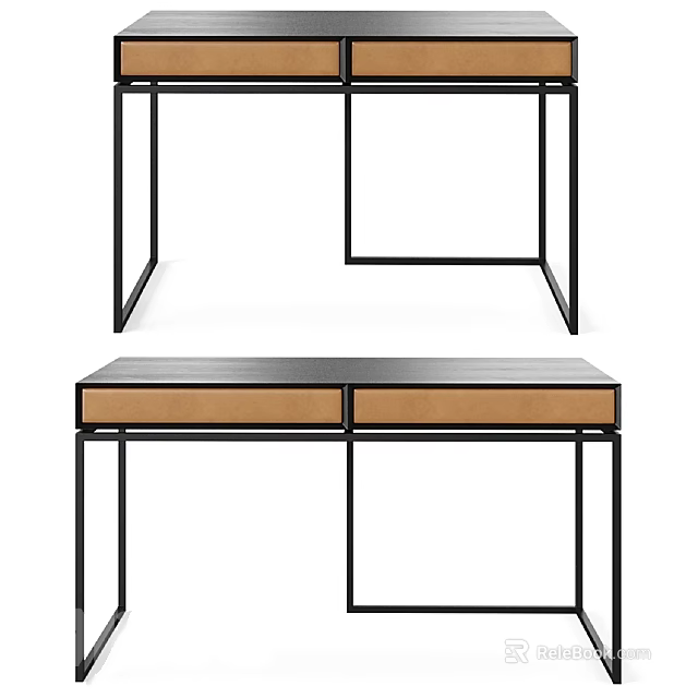Modern Minimalist Desk With Black Metal Frame And Two Light Brown Drawers 3d model 