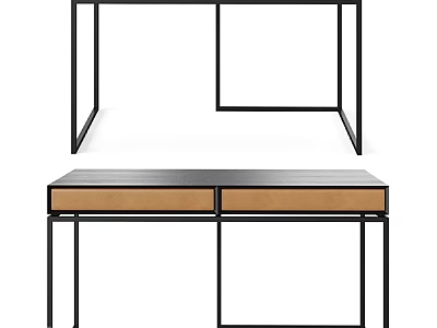 Modern Minimalist Desk With Black Metal Frame And Two Light Brown Drawers 3d model