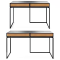 Modern Minimalist Desk With Black Metal Frame And Two Light Brown Drawers