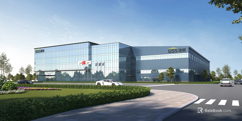 Modern Industrial Factory Building with Glass Curtain Wall Exterior GSS Logo and Landscaping Roadway 3d model 