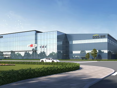 Modern Industrial Factory Building with Glass Curtain Wall Exterior GSS Logo and Landscaping Roadway 3d model