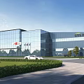 Modern Industrial Factory Building with Glass Curtain Wall Exterior GSS Logo and Landscaping Roadway