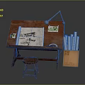 Wooden Drawing Desk And Stool With Blueprints Table Lamp Scrolls And Cardboard Box