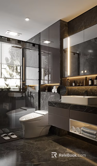 Modern Bathroom Interior Design With Marble Countertop Sink Lighting Mirror And Toilet 3d model 