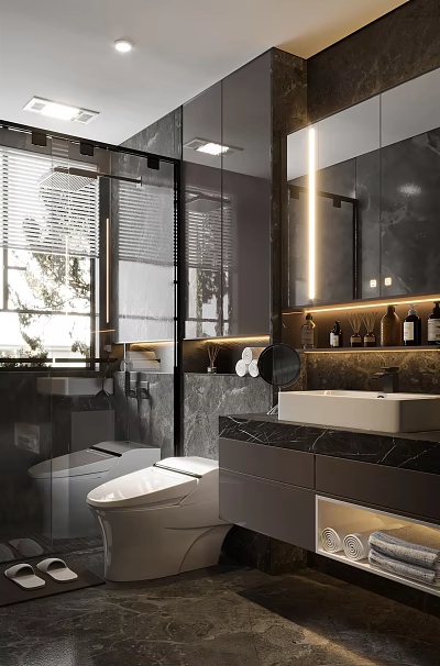 Modern Bathroom Interior Design With Marble Countertop Sink Lighting Mirror And Toilet 3d model