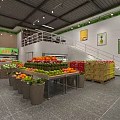 Modern Fruit Store Interior with Colorful Fresh Fruits Organized Shelves Bright Lighting and Decorative Posters