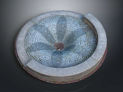 Circular Decorative Fountain Basin With Intricate Mosaic Flower Pattern And Stone Border 3d model