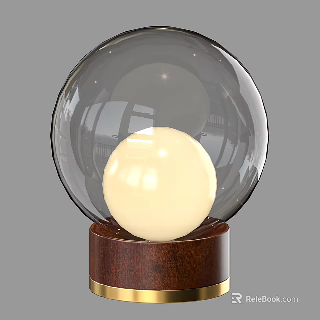 Modern Transparent Glass Globe Table Lamp With Ivory White Inner Sphere And Brown Wooden Base 3d model 