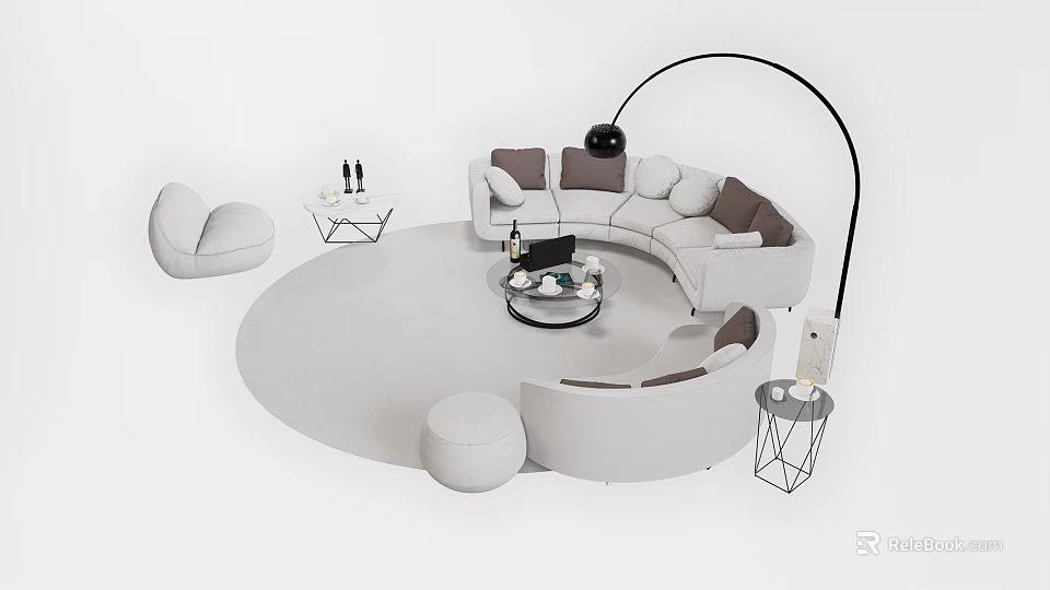 Light Colored Curved Sofa And Round Coffee Table Set With Modern Ottoman And Floor Lamp 3d model 