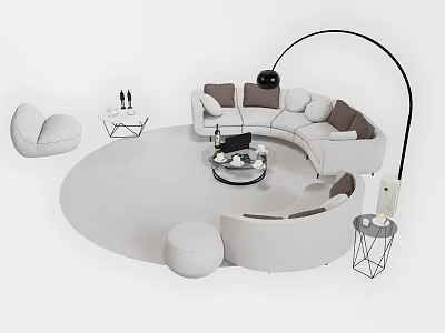 Light Colored Curved Sofa And Round Coffee Table Set With Modern Ottoman And Floor Lamp 3d model