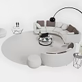 Light Colored Curved Sofa And Round Coffee Table Set With Modern Ottoman And Floor Lamp