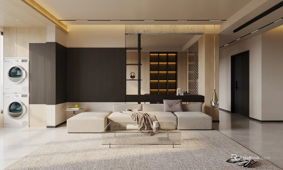 Modern Living Room Interior Design With Sectional Sofa Glass Coffee Table And Area Rug 3d model 