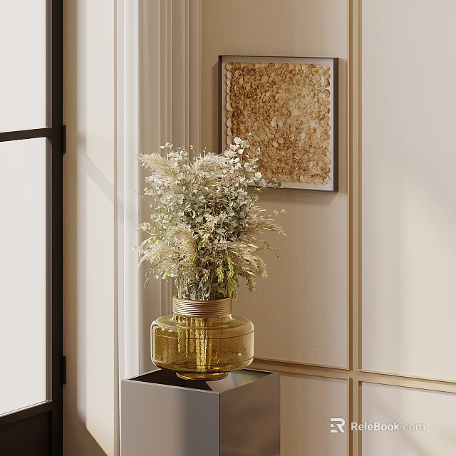 Elegant Golden Vase With Light Colored Dried Flowers On Black Stand Near Decorative Painting 3d model 