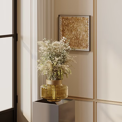 Elegant Golden Vase With Light Colored Dried Flowers On Black Stand Near Decorative Painting 3d model