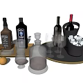 Stylish Wine And Whiskey Bottles With Wine Glasses Ice Bucket And Tray