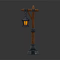 Vintage Street Lamp With Wooden Pole Stone Base And Hanging Yellow Light Lantern
