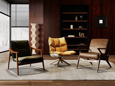 Modern Green Yellow Brown Upholstered Leisure Chairs With Wooden Frame In Living Room Interior 3d model