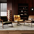 Modern Green Yellow Brown Upholstered Leisure Chairs With Wooden Frame In Living Room Interior