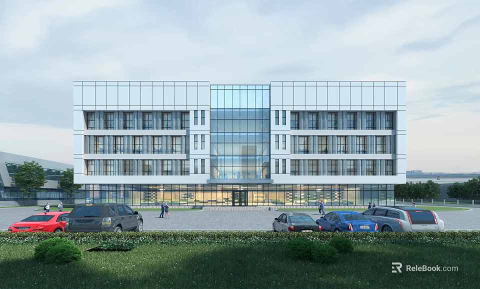 Modern Multi Storey Office Building With Glass Curtain Wall And Front Parking Lot 3d model 